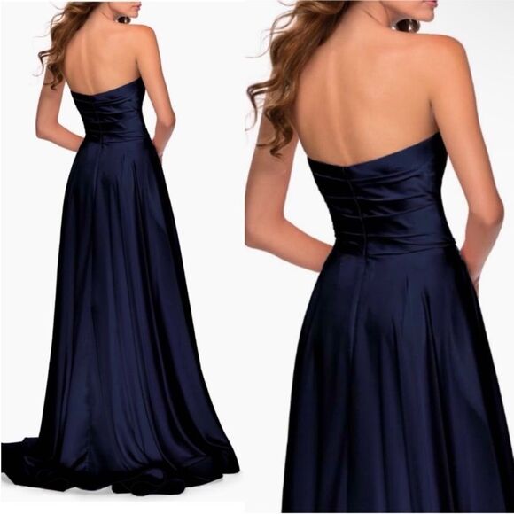 La Femme 28608 Strapless Slit Satin Ballgown sweetheart navy Size 14 NWT - Picture 5 of 5
